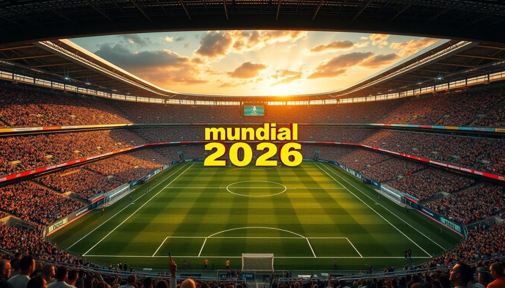 A breathtaking soccer stadium under the golden glow of sunset, with the words "mundial 2026 vivo" emblazoned in bold, vibrant letters across the center. Thousands of cheering fans fill the stands, their excitement palpable. The field is pristine, the players ready to take the pitch for a thrilling match. The atmosphere is electric, with dynamic camera angles capturing the energy and drama of the event. Crisp, high-definition rendering showcases every detail, from the lush grass to the modern, sleek architecture. The resulting image conveys the thrill and anticipation of the 2026 World Cup, perfectly capturing the essence of the day's events, celebrity appearances, and astrological predictions.