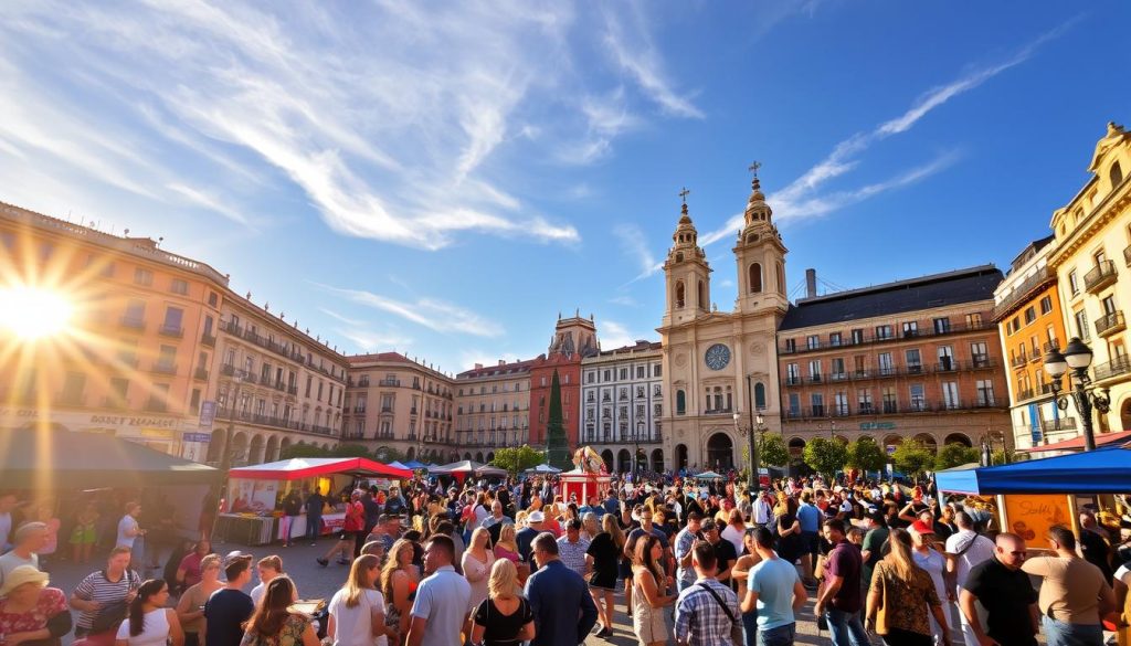 A bustling city square in Madrid, Spain, bathed in warm afternoon sunlight. In the foreground, people gather around vibrant street performers - musicians, dancers, and street artists captivating the crowd with their lively displays. Vendors selling local delicacies and artisanal crafts line the periphery, creating a vibrant marketplace atmosphere. In the middle ground, historic architecture frames the scene, with towering cathedrals and ornate buildings providing a picturesque backdrop. The sky is a deep azure, with wispy clouds drifting overhead, and the overall mood is one of energy, culture, and joie de vivre - a true "Madrid Live Experience".