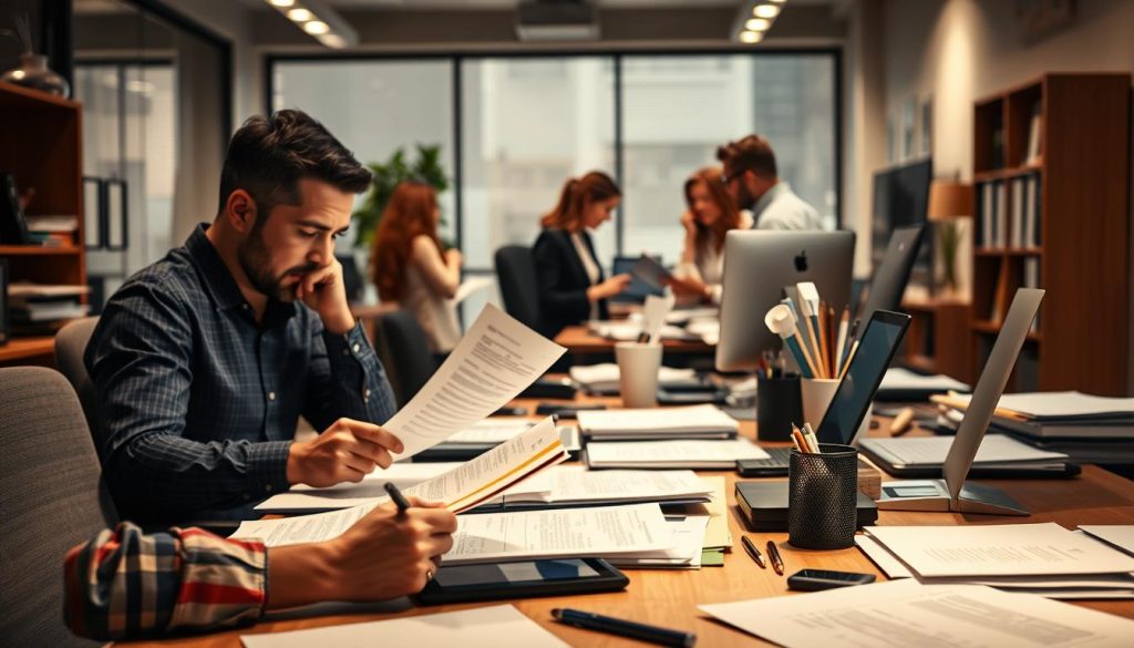A bustling office scene, with a desk at the center showcasing an array of documents, digital devices, and task-organizing tools. The lighting is warm and focused, creating a concentrated and determined atmosphere. In the foreground, a person intently reviews papers, planning their day's priorities. In the middle ground, colleagues collaborate on a shared project, engaged in animated discussion. The background is softly blurred, hinting at the larger context of the workplace. The overall mood is one of focused productivity, as the scene captures the essence of "trabajo y proyectos" - the prioritization of tasks, negotiations, and the charting of new directions. A bustling office scene, with a desk at the center showcasing an array of documents, digital devices, and task-organizing tools. The lighting is warm and focused, creating a concentrated and determined atmosphere. In the foreground, a person intently reviews papers, planning their day's priorities. In the middle ground, colleagues collaborate on a shared project, engaged in animated discussion. The background is softly blurred, hinting at the larger context of the workplace. The overall mood is one of focused productivity, as the scene captures the essence of "trabajo y proyectos" - the prioritization of tasks, negotiations, and the charting of new directions.