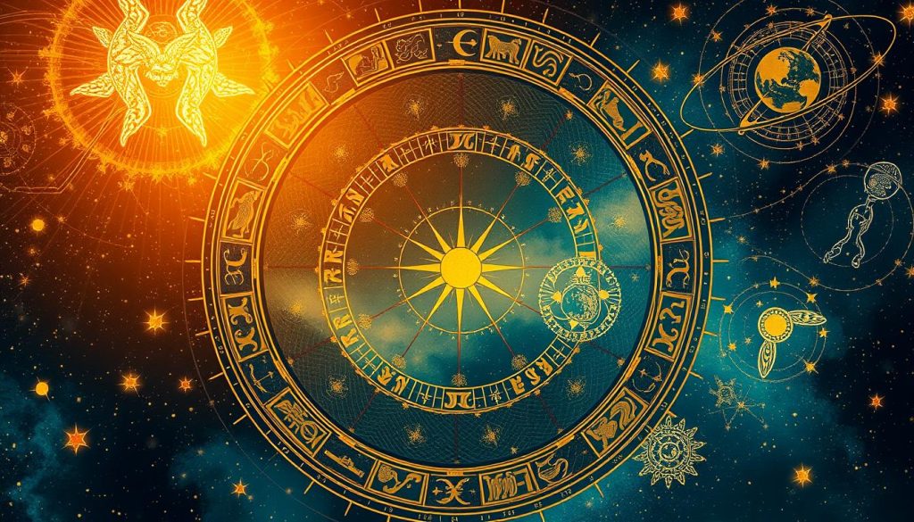 A celestial arrangement of astrological symbols and motifs, captured in a detailed illustration. In the foreground, a vibrant zodiac wheel with intricate iconography of the 12 signs, rendered in a classic vintage style with a touch of modern elegance. The middle ground features a constellation of stars and planets, bathed in a warm, golden light that casts a serene, mystical glow. In the background, swirling cosmic patterns and ethereal nebulae create a sense of depth and mystery, inviting the viewer to ponder the unseen forces that shape our destinies. The overall composition evokes a timeless, esoteric atmosphere, suitable for illuminating the cultural and spiritual significance of the horoscope. A celestial arrangement of astrological symbols and motifs, captured in a detailed illustration. In the foreground, a vibrant zodiac wheel with intricate iconography of the 12 signs, rendered in a classic vintage style with a touch of modern elegance. The middle ground features a constellation of stars and planets, bathed in a warm, golden light that casts a serene, mystical glow. In the background, swirling cosmic patterns and ethereal nebulae create a sense of depth and mystery, inviting the viewer to ponder the unseen forces that shape our destinies. The overall composition evokes a timeless, esoteric atmosphere, suitable for illuminating the cultural and spiritual significance of the horoscope.