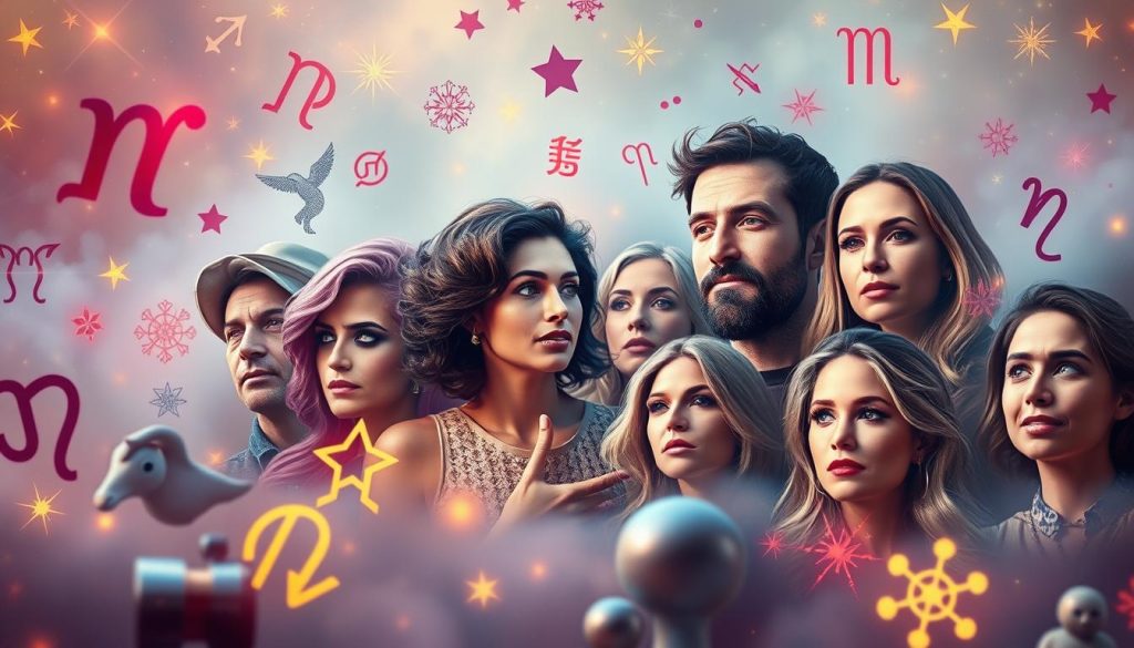 A celestial tableau of vibrant astrological symbols and contemporary Spanish celebrities, set against a dreamy, hazy backdrop. Soft, diffused lighting illuminates the scene, creating an ethereal, otherworldly atmosphere. In the foreground, zodiac signs and mystical celestial motifs float and intertwine, hinting at the astrological insights to be discovered. Amid this cosmic display, portraits of well-known Spanish public figures emerge, their expressions contemplative, as if pondering their cosmic connections. The overall composition evokes a sense of wonder, inviting the viewer to explore the astrological panorama of the present day. A celestial tableau of vibrant astrological symbols and contemporary Spanish celebrities, set against a dreamy, hazy backdrop. Soft, diffused lighting illuminates the scene, creating an ethereal, otherworldly atmosphere. In the foreground, zodiac signs and mystical celestial motifs float and intertwine, hinting at the astrological insights to be discovered. Amid this cosmic display, portraits of well-known Spanish public figures emerge, their expressions contemplative, as if pondering their cosmic connections. The overall composition evokes a sense of wonder, inviting the viewer to explore the astrological panorama of the present day.
