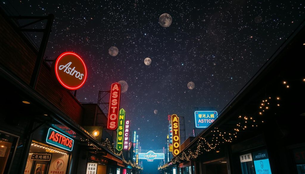 A cosmic convergence of celestial bodies, shimmering in the night sky. Astros, the celestial icons of popular culture, cast an enchanting glow over a dimly lit urban landscape. Neon signs and twinkling lights intertwine, creating a pulsating energy that resonates with the rhythmic movements of the stars above. The scene is infused with a sense of timelessness, where the influence of the heavens intertwines with the pulse of modern life. Capture this captivating interplay of the celestial and the terrestrial, with a cinematic, wide-angle lens that immerses the viewer in the mesmerizing atmosphere. A cosmic convergence of celestial bodies, shimmering in the night sky. Astros, the celestial icons of popular culture, cast an enchanting glow over a dimly lit urban landscape. Neon signs and twinkling lights intertwine, creating a pulsating energy that resonates with the rhythmic movements of the stars above. The scene is infused with a sense of timelessness, where the influence of the heavens intertwines with the pulse of modern life. Capture this captivating interplay of the celestial and the terrestrial, with a cinematic, wide-angle lens that immerses the viewer in the mesmerizing atmosphere.