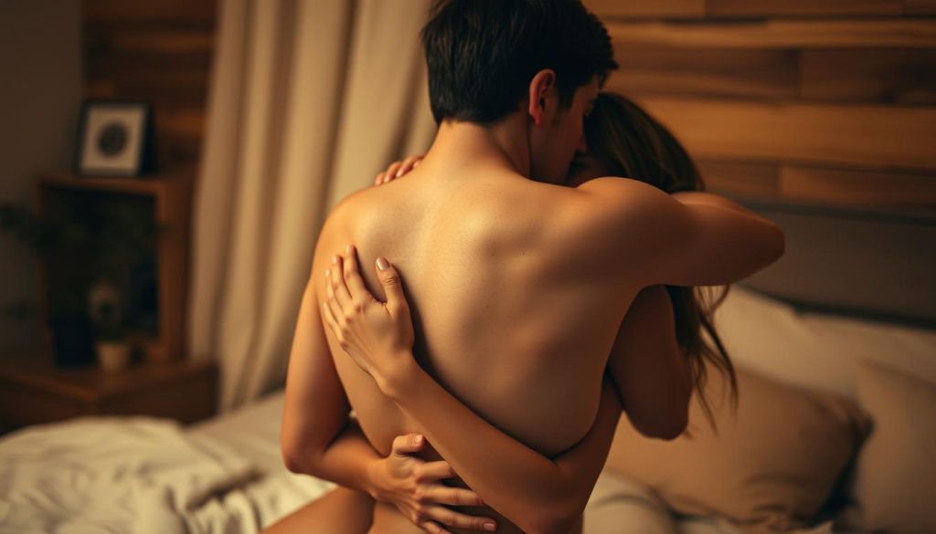A cozy, intimate bedroom scene with two people deeply engaged in a passionate embrace, their bodies intertwined in a sensual dance. Soft, warm lighting casts a romantic glow, highlighting the curves and contours of their skin. The atmosphere is one of tender vulnerability, with a sense of timeless connection and emotional intimacy. The focus is on the couple's embrace, capturing the tenderness and vulnerability of their shared moment, while the background remains softly blurred, allowing the viewer to be fully immersed in the intimacy of the scene.