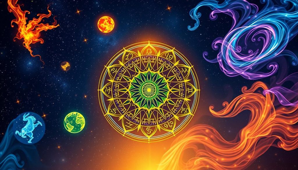 A detailed astrological illustration showcasing the four classical elements - fire, earth, air, and water - as they relate to the horoscopes. In the foreground, vibrant zodiac symbols float against a starry night sky, each imbued with the distinct energies of its corresponding element. The middle ground features an elegant mandala-like design, its radial patterns emblematic of the cyclical nature of the celestial bodies. In the background, swirling wisps of ethereal energy in shades of amber, emerald, azure, and amethyst converge, creating a mystical, otherworldly atmosphere. Soft, warm lighting casts a serene, introspective glow over the entire composition. The image conveys a sense of ancient wisdom, cosmic harmony, and the profound interconnectedness of the elements and the zodiac. A detailed astrological illustration showcasing the four classical elements - fire, earth, air, and water - as they relate to the horoscopes. In the foreground, vibrant zodiac symbols float against a starry night sky, each imbued with the distinct energies of its corresponding element. The middle ground features an elegant mandala-like design, its radial patterns emblematic of the cyclical nature of the celestial bodies. In the background, swirling wisps of ethereal energy in shades of amber, emerald, azure, and amethyst converge, creating a mystical, otherworldly atmosphere. Soft, warm lighting casts a serene, introspective glow over the entire composition. The image conveys a sense of ancient wisdom, cosmic harmony, and the profound interconnectedness of the elements and the zodiac.