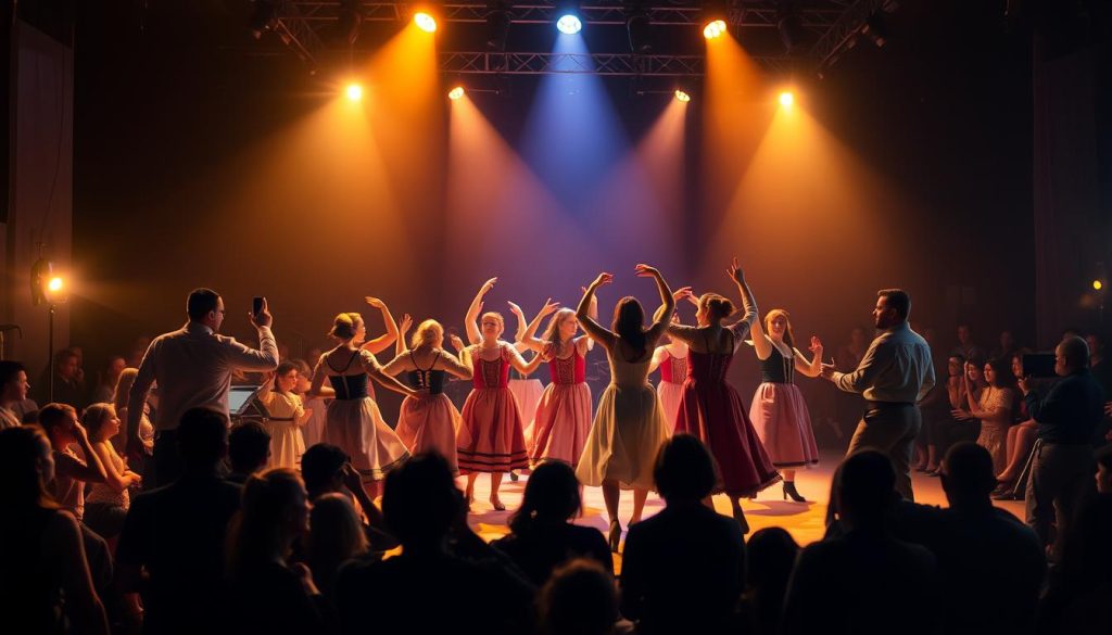 A dimly lit stage illuminated by warm spotlights, the air thick with the anticipation of a captivating performance. In the center, a group of dancers in traditional costumes move gracefully, their bodies swaying to the rhythmic beat of a live band playing the lively melodies of "hora", a traditional Romanian circle dance. The dancers' feet move in intricate patterns, their arms raised high, creating a mesmerizing spectacle of movement and energy. The background is filled with a lively crowd, their faces alight with joy and enthusiasm, immersed in the vibrant cultural celebration. The scene exudes a sense of cultural heritage, festivity, and the universal power of music and dance to bring people together. A dimly lit stage illuminated by warm spotlights, the air thick with the anticipation of a captivating performance. In the center, a group of dancers in traditional costumes move gracefully, their bodies swaying to the rhythmic beat of a live band playing the lively melodies of "hora", a traditional Romanian circle dance. The dancers' feet move in intricate patterns, their arms raised high, creating a mesmerizing spectacle of movement and energy. The background is filled with a lively crowd, their faces alight with joy and enthusiasm, immersed in the vibrant cultural celebration. The scene exudes a sense of cultural heritage, festivity, and the universal power of music and dance to bring people together.