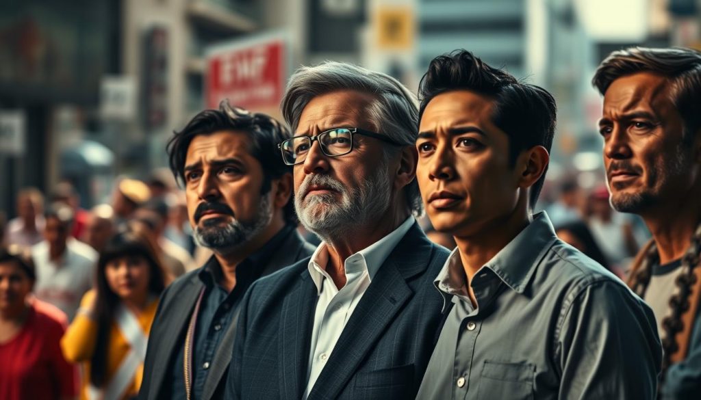 A diverse group of influential personas, the center stage of today's discourse, captured in a striking cinematic tableau. A foreground of three captivating individuals - an impassioned orator, a thoughtful intellectual, and a charismatic public figure - standing in a dramatic three-quarter pose, their expressions and body language conveying the dynamism of the moment. The middle ground reveals a blurred backdrop of a bustling city street, hinting at the broader social context. Dramatic side lighting casts dramatic shadows, imbuing the scene with a sense of urgency and consequence. The overall mood is one of significance, capturing the essence of those who are shaping the public conversation.