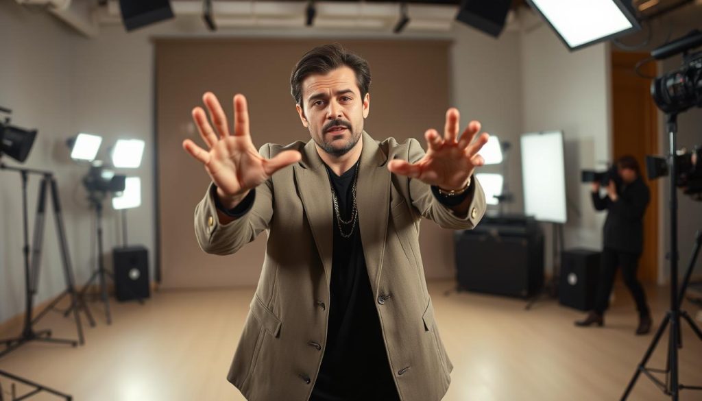 A famous celebrity gesturing dramatically on a stylish video set, with professional lighting and camera angles. The subject is captured mid-movement, their face and body language conveying a sense of emotion and intensity. The background is a sleek, modern studio environment with muted colors and clean lines, placing the focus squarely on the performer. The overall mood is one of high-production value and artistic expression, befitting a prominent public figure. A famous celebrity gesturing dramatically on a stylish video set, with professional lighting and camera angles. The subject is captured mid-movement, their face and body language conveying a sense of emotion and intensity. The background is a sleek, modern studio environment with muted colors and clean lines, placing the focus squarely on the performer. The overall mood is one of high-production value and artistic expression, befitting a prominent public figure.