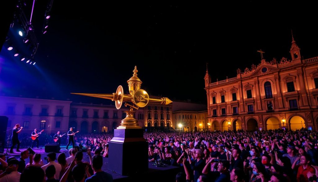 A glamorous nighttime scene of the Latin Grammy Awards celebration in Seville, Spain. In the foreground, a vibrant stage is set with a large Latin Grammy trophy as the focal point, surrounded by energetic musicians playing Latin pop and rock music. The middle ground features a packed audience of cheering fans, their faces illuminated by the stage lights. In the background, the historic architecture of Seville's city center provides a stunning backdrop, with the night sky twinkling above. The overall mood is one of electric excitement, cultural pride, and artistic expression. A glamorous nighttime scene of the Latin Grammy Awards celebration in Seville, Spain. In the foreground, a vibrant stage is set with a large Latin Grammy trophy as the focal point, surrounded by energetic musicians playing Latin pop and rock music. The middle ground features a packed audience of cheering fans, their faces illuminated by the stage lights. In the background, the historic architecture of Seville's city center provides a stunning backdrop, with the night sky twinkling above. The overall mood is one of electric excitement, cultural pride, and artistic expression.