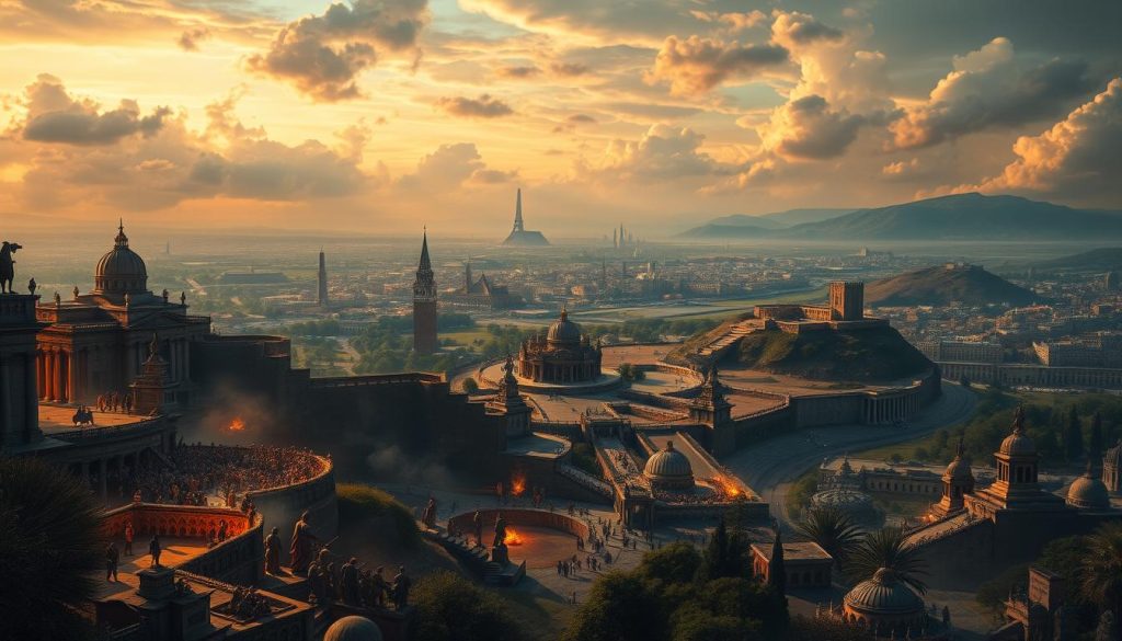A grand, historical tableau depicting the "Efemérides historia" - the momentous events and figures that have shaped the course of history. In the foreground, a series of detailed, realistic vignettes showcasing pivotal historical moments, rendered in a vibrant, cinematic style with dramatic lighting and a sense of grandeur. The middle ground features a sweeping panorama, with iconic landmarks and monuments dotting the landscape, representing the enduring legacy of these historical occurrences. In the background, an atmospheric sky filled with swirling clouds and a subtle, golden glow, evoking a sense of timelessness and the weight of the ages. The overall composition strikes a balance between the specific, the general, and the eternal, capturing the essence of "Efemérides historia" as a tapestry of human achievement and destiny. A grand, historical tableau depicting the "Efemérides historia" - the momentous events and figures that have shaped the course of history. In the foreground, a series of detailed, realistic vignettes showcasing pivotal historical moments, rendered in a vibrant, cinematic style with dramatic lighting and a sense of grandeur. The middle ground features a sweeping panorama, with iconic landmarks and monuments dotting the landscape, representing the enduring legacy of these historical occurrences. In the background, an atmospheric sky filled with swirling clouds and a subtle, golden glow, evoking a sense of timelessness and the weight of the ages. The overall composition strikes a balance between the specific, the general, and the eternal, capturing the essence of "Efemérides historia" as a tapestry of human achievement and destiny.