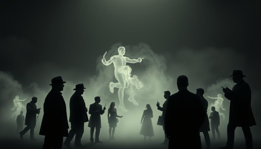 A haunting scene of fallen icons, their legacies etched in the somber light. In the foreground, the silhouettes of revered figures from science, art, and politics, their forms fading into the mist. The middle ground is a swirling, dreamlike realm, where their achievements and impact linger, like ghostly impressions. In the background, a grand, shadowy backdrop, hinting at the grand stages upon which they left their mark. The lighting is muted, casting a melancholic air, as if mourning the passing of these luminaries who once shaped the world. The overall composition evokes a sense of reverence and contemplation, a visual tribute to the "Fallecimientos que marcaron época".