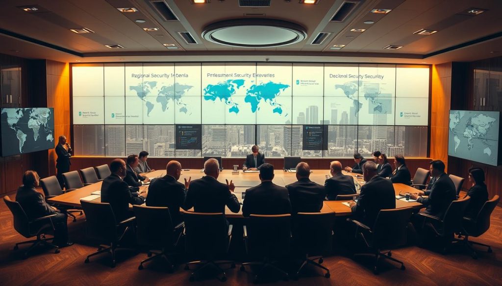 A high-contrast panoramic view of a meeting room in a government building, with a large conference table and chairs arranged around it. Illuminated by warm, overhead lighting that casts dramatic shadows. In the foreground, senior officials in suits are engaged in a tense discussion, gesturing animatedly. The middle ground features wall-mounted displays showing maps, charts, and data visualizations related to regional security issues. The background depicts a window overlooking a city skyline, hinting at the broader geopolitical context. The overall atmosphere is one of serious deliberation, with an undercurrent of uncertainty and the weight of responsibility. A high-contrast panoramic view of a meeting room in a government building, with a large conference table and chairs arranged around it. Illuminated by warm, overhead lighting that casts dramatic shadows. In the foreground, senior officials in suits are engaged in a tense discussion, gesturing animatedly. The middle ground features wall-mounted displays showing maps, charts, and data visualizations related to regional security issues. The background depicts a window overlooking a city skyline, hinting at the broader geopolitical context. The overall atmosphere is one of serious deliberation, with an undercurrent of uncertainty and the weight of responsibility.