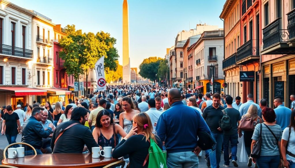 A lively street scene in the heart of Buenos Aires, Argentina. In the foreground, a group of friends gather around a bustling outdoor cafe, sipping mate and engaged in lively conversation. The middle ground is filled with a vibrant mix of locals and tourists, strolling past colorful buildings with wrought-iron balconies. In the background, the iconic silhouette of the Obelisco monument stands tall, casting a warm glow under the soft, golden light of the afternoon sun. The atmosphere exudes a sense of community, showcasing the social and cultural traditions that define Argentine lifestyle.