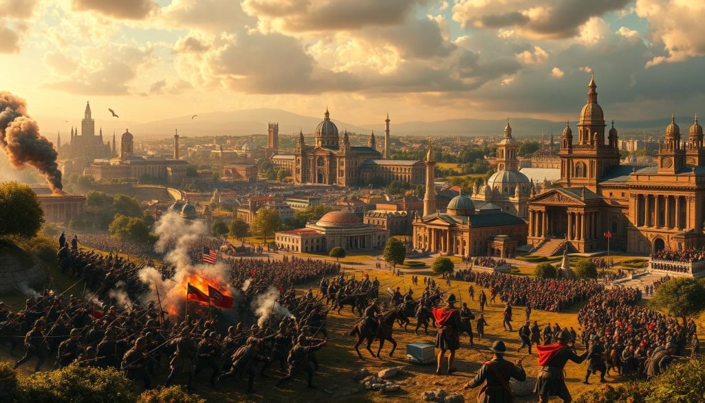 A lush, panoramic landscape depicting the diverse tapestry of "international events". In the foreground, a dramatic battle scene unfolds, soldiers clashing with swords and muskets, billowing smoke and explosions. In the middle ground, scientific instruments and laboratories suggest breakthroughs in technology and discovery. The background is adorned with cultural landmarks - ancient ruins, grand cathedrals, vibrant festivals - representing the rich heritage of nations around the world. The scene is bathed in warm, golden light, conveying a sense of significance and timelessness. Cinematic camera angles and a wide, sweeping composition bring this comprehensive vision of global history and achievement to life. A lush, panoramic landscape depicting the diverse tapestry of "international events". In the foreground, a dramatic battle scene unfolds, soldiers clashing with swords and muskets, billowing smoke and explosions. In the middle ground, scientific instruments and laboratories suggest breakthroughs in technology and discovery. The background is adorned with cultural landmarks - ancient ruins, grand cathedrals, vibrant festivals - representing the rich heritage of nations around the world. The scene is bathed in warm, golden light, conveying a sense of significance and timelessness. Cinematic camera angles and a wide, sweeping composition bring this comprehensive vision of global history and achievement to life.