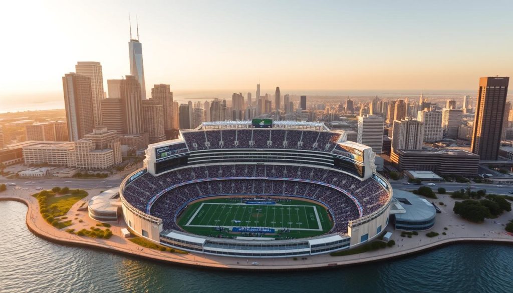A majestic aerial view of Soldier Field in Chicago, the iconic lakefront stadium nestled against the backdrop of the city's towering skyscrapers. The stadium's distinctive design, with its classical Greek-inspired columns and modern renovations, stands as a testament to the city's rich sports heritage. Warm afternoon sunlight casts a golden glow over the field, where players prepare for an exhilarating match, the crowd's energy palpable. The serene waters of Lake Michigan provide a picturesque foreground, complementing the dynamic urban landscape surrounding the historic venue. A sense of grandeur and civic pride emanates from this striking architectural landmark, capturing the essence of Chicago's sports and cultural significance.