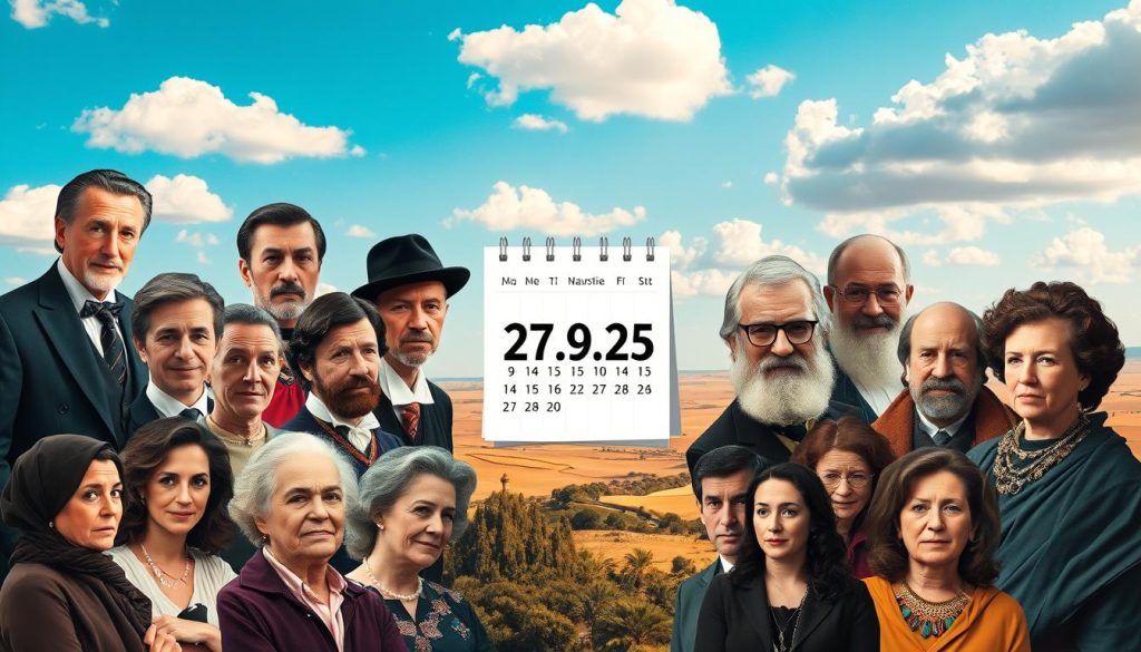 A picturesque September day in Spain, with a serene blue sky and fluffy white clouds. In the foreground, a vibrant collage of portraits showcasing famous Spaniards born or passed away during the month - actors, musicians, writers, and historical figures. Their likenesses rendered in a lush, photorealistic style, capturing the essence of their legacy. In the middle ground, a calendar page marked with the date "27.09.25", representing the specific day discussed in the article. The background features a soft, warm-toned landscape, hinting at the cultural and natural beauty of the Iberian Peninsula. The overall composition conveys a sense of reverence and celebration of Spain's iconic personalities, seamlessly blending portraiture, typography, and scenic elements. A picturesque September day in Spain, with a serene blue sky and fluffy white clouds. In the foreground, a vibrant collage of portraits showcasing famous Spaniards born or passed away during the month - actors, musicians, writers, and historical figures. Their likenesses rendered in a lush, photorealistic style, capturing the essence of their legacy. In the middle ground, a calendar page marked with the date "27.09.25", representing the specific day discussed in the article. The background features a soft, warm-toned landscape, hinting at the cultural and natural beauty of the Iberian Peninsula. The overall composition conveys a sense of reverence and celebration of Spain's iconic personalities, seamlessly blending portraiture, typography, and scenic elements.