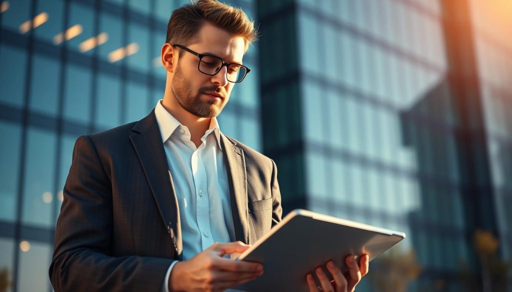 A real estate analyst, dressed in a professional suit, standing in front of a large, modern building with glass facades. The lighting is warm and inviting, casting soft shadows across the scene. The analyst's expression is focused, with a tablet in hand, analyzing data and property listings. The background is slightly blurred, emphasizing the analyst's importance in the scene. The overall mood is one of expertise, diligence, and the importance of real estate in everyday life. A real estate analyst, dressed in a professional suit, standing in front of a large, modern building with glass facades. The lighting is warm and inviting, casting soft shadows across the scene. The analyst's expression is focused, with a tablet in hand, analyzing data and property listings. The background is slightly blurred, emphasizing the analyst's importance in the scene. The overall mood is one of expertise, diligence, and the importance of real estate in everyday life.