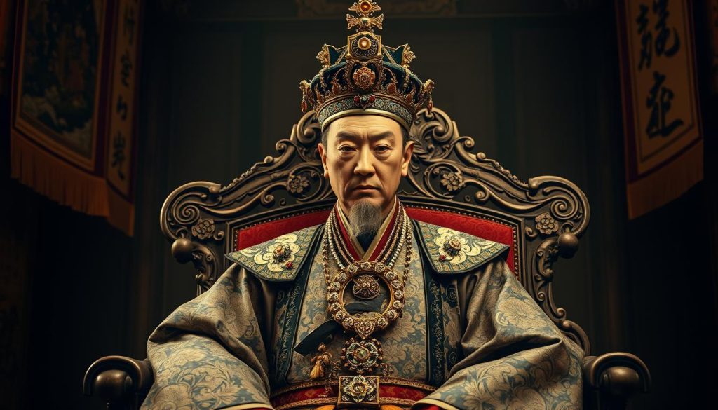 A regal Japanese emperor seated on an intricately carved throne, adorned in exquisite embroidered robes and a jewel-encrusted crown. The emperor's expression conveys a calm, dignified presence, with a slight tilt of the head and a stoic gaze. The throne is situated in a grand, dimly lit chamber, with ornate tapestries and hanging scrolls lining the walls, creating an atmosphere of power and tradition. Soft, diffused lighting casts a warm, golden hue on the scene, highlighting the emperor's regalia and the intricate details of the setting. The overall composition evokes a sense of historical significance and the grandeur of imperial Japanese art and culture. A regal Japanese emperor seated on an intricately carved throne, adorned in exquisite embroidered robes and a jewel-encrusted crown. The emperor's expression conveys a calm, dignified presence, with a slight tilt of the head and a stoic gaze. The throne is situated in a grand, dimly lit chamber, with ornate tapestries and hanging scrolls lining the walls, creating an atmosphere of power and tradition. Soft, diffused lighting casts a warm, golden hue on the scene, highlighting the emperor's regalia and the intricate details of the setting. The overall composition evokes a sense of historical significance and the grandeur of imperial Japanese art and culture.