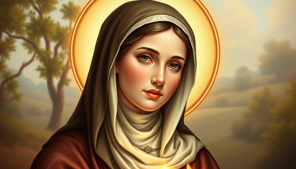 A serene and detailed portrait of Santa Isabel, the patron saint of care workers, nurses, and the sick. She is depicted in a warm, soft light, her kind gaze and gentle expression conveying a sense of compassion and care. The background features a tranquil, natural setting, perhaps a garden or a peaceful countryside, complementing the saint's calm and nurturing presence. The composition is balanced and harmonious, with Isabel's robes and halo adding a touch of reverence and spirituality to the scene. The overall atmosphere evokes a sense of peace, healing, and the benevolent protection of those in need. A serene and detailed portrait of Santa Isabel, the patron saint of care workers, nurses, and the sick. She is depicted in a warm, soft light, her kind gaze and gentle expression conveying a sense of compassion and care. The background features a tranquil, natural setting, perhaps a garden or a peaceful countryside, complementing the saint's calm and nurturing presence. The composition is balanced and harmonious, with Isabel's robes and halo adding a touch of reverence and spirituality to the scene. The overall atmosphere evokes a sense of peace, healing, and the benevolent protection of those in need.