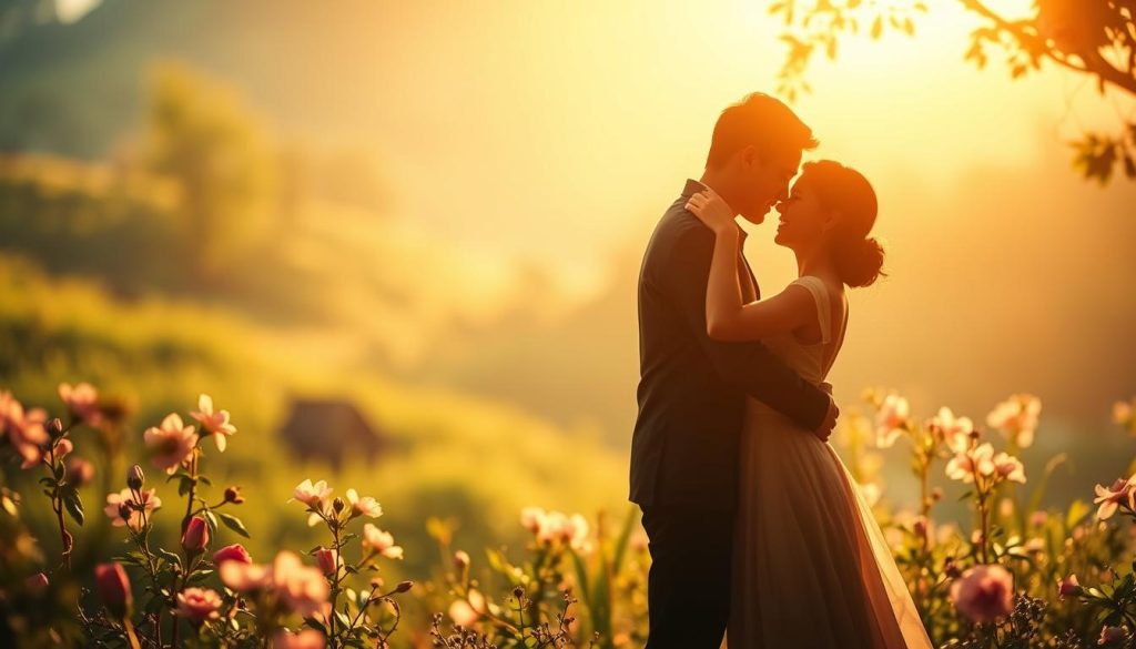 A serene and romantic scene depicting the essence of "amor" (love). In the foreground, a pair of embracing figures, their silhouettes intertwined, conveying a sense of deep connection and tenderness. The middle ground features a lush, verdant landscape with blooming flowers and soft, swaying foliage, creating a tranquil, natural setting. The background is illuminated by a warm, golden light, casting a gentle glow and evoking a dreamlike atmosphere. The overall composition is harmonious, with a focus on the central figures and the surrounding elements that symbolize the beauty and harmony of loving relationships.