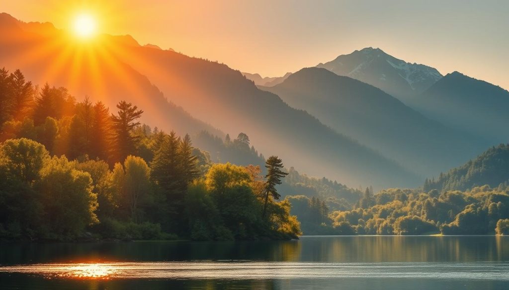 A serene and tranquil scene depicting the "Claridad" or clarity. In the foreground, a warm golden sun shines brightly, casting a soft glow over a tranquil lake. The middle ground features lush, verdant trees and foliage, creating a sense of depth and natural beauty. In the background, majestic mountains rise, their peaks capped with a dusting of snow, symbolizing the clarity and purity of the scene. The overall lighting is soft and diffused, creating a calming and meditative atmosphere. The composition is balanced and harmonious, inviting the viewer to bask in the clarity and serenity of the moment.