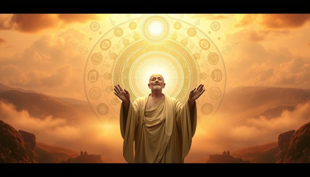 A serene, ethereal scene depicting the timeless wisdom and spiritual guidance of influential religious and spiritual figures. In the foreground, a radiant figure stands with an aura of enlightenment, hands raised in a gesture of benediction. Behind, a kaleidoscope of symbolic icons, sacred texts, and celestial imagery fill the middle ground, creating a sense of timeless connection. The background is a softly-lit, dreamlike landscape, evoking a contemplative, reverent atmosphere. Warm, diffused lighting illuminates the scene, casting a warm, mystical glow. Rendered with a detailed, photorealistic style, the image conveys the enduring legacy and profound impact of these iconic spiritual leaders. A serene, ethereal scene depicting the timeless wisdom and spiritual guidance of influential religious and spiritual figures. In the foreground, a radiant figure stands with an aura of enlightenment, hands raised in a gesture of benediction. Behind, a kaleidoscope of symbolic icons, sacred texts, and celestial imagery fill the middle ground, creating a sense of timeless connection. The background is a softly-lit, dreamlike landscape, evoking a contemplative, reverent atmosphere. Warm, diffused lighting illuminates the scene, casting a warm, mystical glow. Rendered with a detailed, photorealistic style, the image conveys the enduring legacy and profound impact of these iconic spiritual leaders.