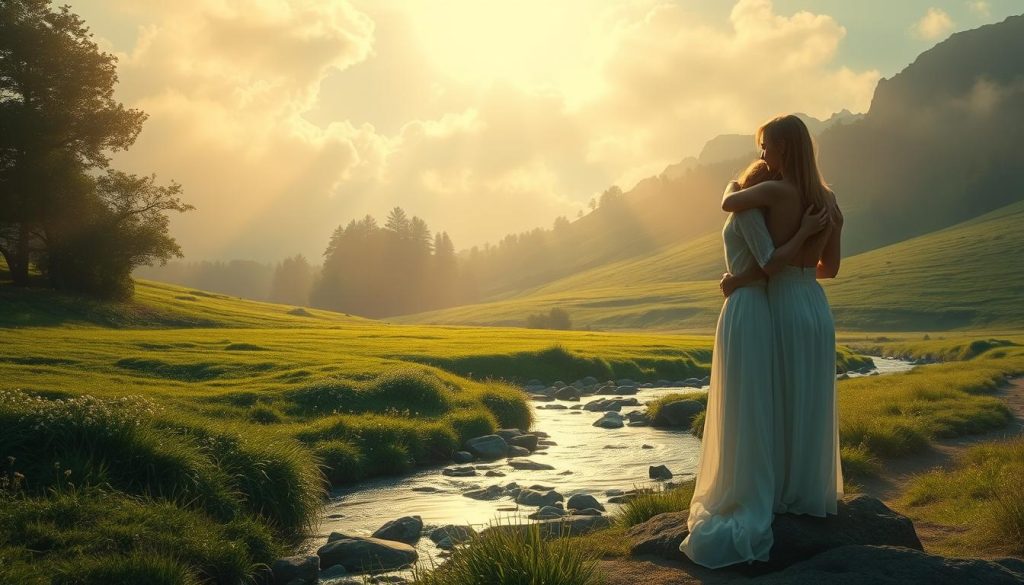 A serene, harmonious scene depicting the balance of love, emotional connections, and inner equilibrium. In the foreground, two intertwined figures embrace, their bodies and expressions radiating tenderness and mutual understanding. The middle ground features a lush, verdant landscape with a tranquil stream, symbolizing the flow of emotions. In the background, a warm, golden light filters through wispy clouds, casting a soft, ethereal glow over the entire composition. The overall mood is one of tranquility, emotional fulfillment, and a sense of being grounded in the present moment. A serene, harmonious scene depicting the balance of love, emotional connections, and inner equilibrium. In the foreground, two intertwined figures embrace, their bodies and expressions radiating tenderness and mutual understanding. The middle ground features a lush, verdant landscape with a tranquil stream, symbolizing the flow of emotions. In the background, a warm, golden light filters through wispy clouds, casting a soft, ethereal glow over the entire composition. The overall mood is one of tranquility, emotional fulfillment, and a sense of being grounded in the present moment.