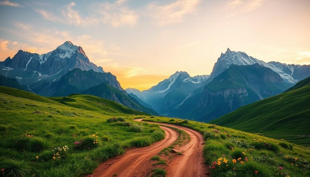 A serene landscape depicting a tranquil "viaje" or journey, set against a warm, golden-hued sky. In the foreground, a winding dirt path leads the viewer through lush, verdant hills dotted with vibrant wildflowers. Towering, majestic mountains rise in the distance, their peaks capped with a dusting of snow that glimmers in the soft, diffused sunlight. The scene exudes a sense of adventure and discovery, inviting the viewer to embark on their own meaningful journey through life. Captured with a wide-angle lens to convey a sense of vastness and exploration, this image perfectly encapsulates the historical significance of the day's events. A serene landscape depicting a tranquil "viaje" or journey, set against a warm, golden-hued sky. In the foreground, a winding dirt path leads the viewer through lush, verdant hills dotted with vibrant wildflowers. Towering, majestic mountains rise in the distance, their peaks capped with a dusting of snow that glimmers in the soft, diffused sunlight. The scene exudes a sense of adventure and discovery, inviting the viewer to embark on their own meaningful journey through life. Captured with a wide-angle lens to convey a sense of vastness and exploration, this image perfectly encapsulates the historical significance of the day's events.