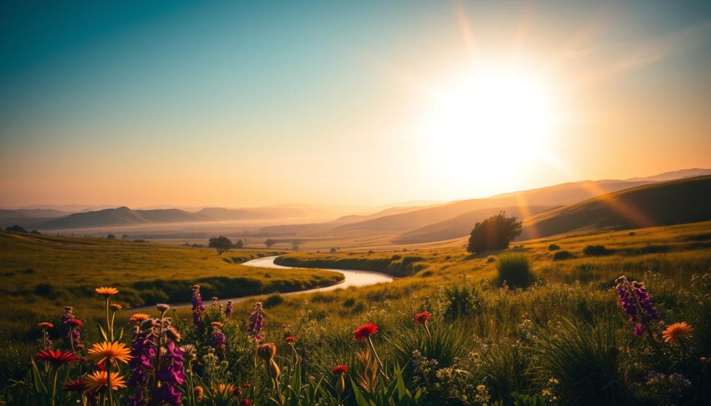 A serene landscape with a radiant sun shining over a tranquil meadow. The foreground features an array of vibrant flowers and lush greenery, capturing the energizing essence of the day. In the middle ground, a meandering stream reflects the sky's golden hues, creating a sense of harmony and balance. The background showcases distant rolling hills bathed in a warm, enchanting glow, evoking a feeling of renewal and vitality. The lighting is soft and natural, casting gentle shadows that add depth and dimension to the scene. The overall atmosphere is one of peace, joy, and the rejuvenating power of the day. A serene landscape with a radiant sun shining over a tranquil meadow. The foreground features an array of vibrant flowers and lush greenery, capturing the energizing essence of the day. In the middle ground, a meandering stream reflects the sky's golden hues, creating a sense of harmony and balance. The background showcases distant rolling hills bathed in a warm, enchanting glow, evoking a feeling of renewal and vitality. The lighting is soft and natural, casting gentle shadows that add depth and dimension to the scene. The overall atmosphere is one of peace, joy, and the rejuvenating power of the day.