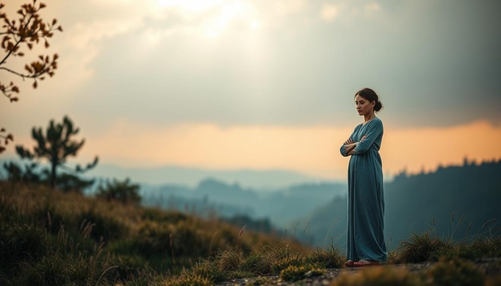 A serene landscape with a thoughtful, introspective atmosphere. In the foreground, a figure embodying the qualities of prudencia - wisdom, caution, and restraint - stands calmly, their expression conveying a sense of poise and equilibrium. In the middle ground, symbolic elements like a scales or a compass suggest the need for balance and measured decision-making. The background features a tranquil, natural setting with soft, muted colors, hinting at the importance of reflection and contemplation. Warm, diffused lighting adds to the meditative mood. Capture this scene with a medium-wide angle lens to emphasize the harmonious interplay of the various elements.