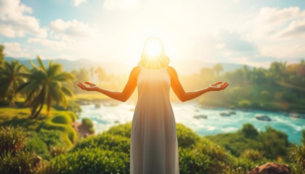 A serene, radiant figure representing the concept of "energía" stands in the foreground, their hands outstretched, emitting a warm, glowing aura. In the middle ground, a landscape of vibrant natural elements - swaying trees, flowing water, and a sun-dappled sky - symbolizes the rejuvenating power of energy. The background features a soft, ethereal shimmer, conveying a sense of transcendence and inner harmony. The overall composition evokes a feeling of tranquility, renewal, and the harmonious balance of mind, body, and spirit.