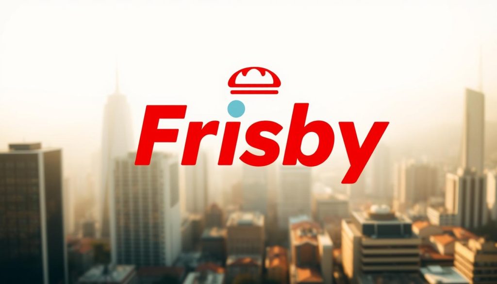 A sleek, modern logo for the Spanish branch of the Frisby fast-food chain, set against a backdrop of a bustling city skyline. The logo features the brand's signature red and white colors, with clean, geometric lettering and an icon that evokes a stylized burger or sandwich. The image is captured from a low, dynamic angle, creating a sense of energy and movement. Soft, warm lighting illuminates the logo, casting subtle shadows and highlights that give it a tangible, three-dimensional presence. The cityscape behind it is hazy and indistinct, allowing the brand identity to take center stage and convey a sense of professional authority and brand recognition.