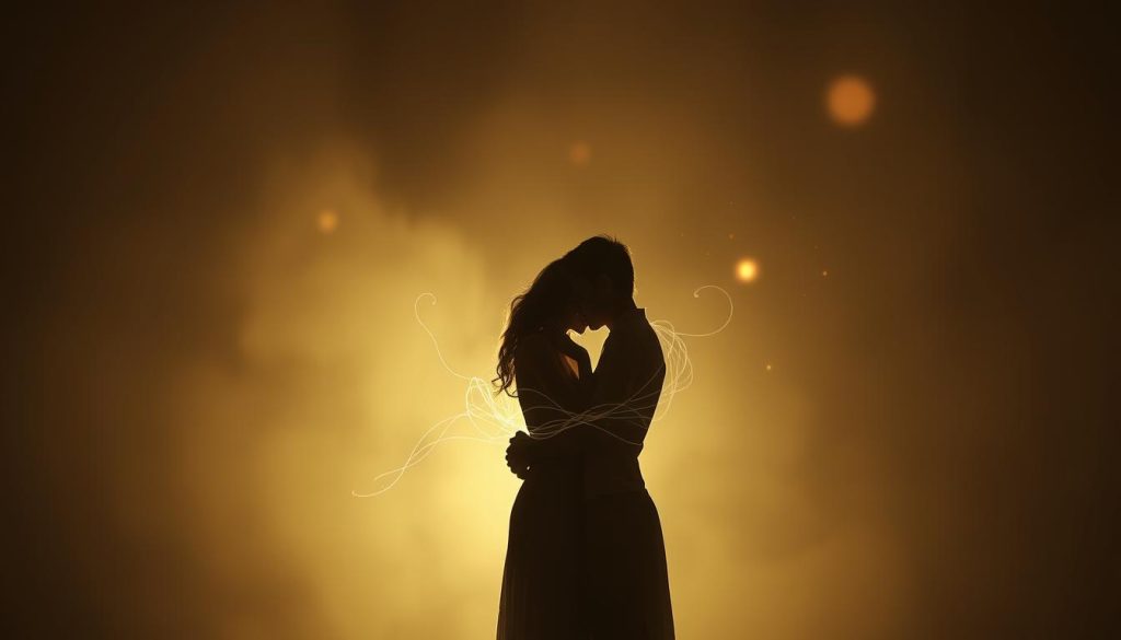 A softly lit, intimate scene depicting the concept of "vínculos" (connections) in a warm, romantic atmosphere. In the foreground, two intertwined silhouettes of a couple gently embracing, their figures blending together in a tender, ethereal embrace. In the middle ground, wispy tendrils of light and energy seem to emanate from the couple, symbolizing the invisible bonds and connections that tie them together. The background is hazy and dreamlike, with a muted color palette and subtle, glowing orbs of light that evoke a sense of mysticism and spirituality. The overall mood is one of deep intimacy, emotional connection, and a timeless, ethereal quality.