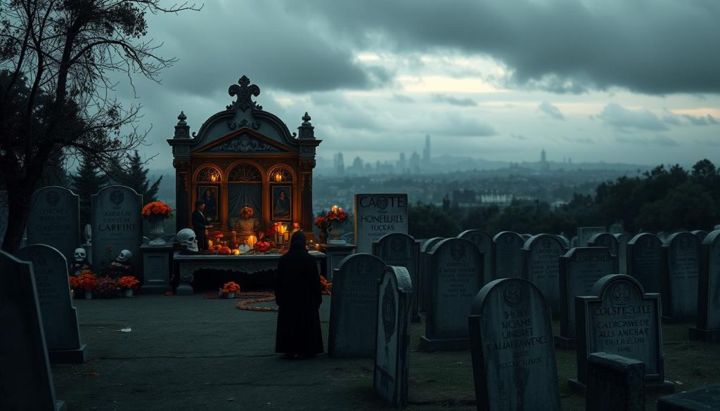A somber memorial depicting the "Día de los Muertos" (Day of the Dead) holiday. In the foreground, a lone figure in a long black cloak stands before an ornate, candlelit altar adorned with marigolds, skulls, and personal mementos. The middle ground features a shadowy graveyard with weathered headstones, their surfaces etched with the names of influential figures who have passed. In the distant background, a hazy cityscape emerges, its silhouette framed by a dramatic, overcast sky. The scene evokes a sense of reverence, nostalgia, and the bittersweet commemoration of lives well-lived. A somber memorial depicting the "Día de los Muertos" (Day of the Dead) holiday. In the foreground, a lone figure in a long black cloak stands before an ornate, candlelit altar adorned with marigolds, skulls, and personal mementos. The middle ground features a shadowy graveyard with weathered headstones, their surfaces etched with the names of influential figures who have passed. In the distant background, a hazy cityscape emerges, its silhouette framed by a dramatic, overcast sky. The scene evokes a sense of reverence, nostalgia, and the bittersweet commemoration of lives well-lived.