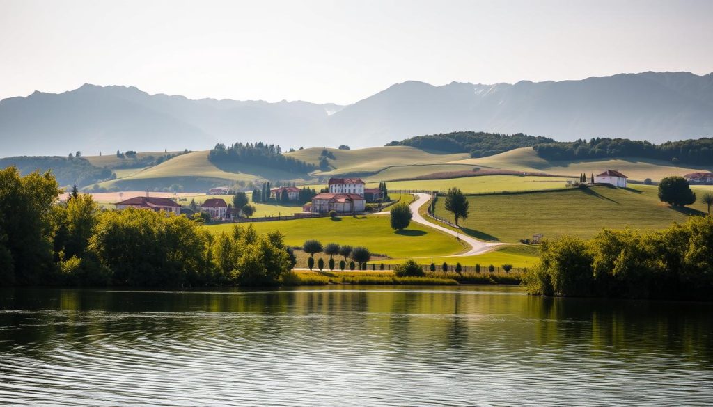 A tranquil morning landscape, bathed in soft, natural light. In the foreground, a serene lake reflects the clear sky above, with delicate ripples dancing across the surface. Lush, verdant foliage lines the lake's shores, creating a sense of peace and harmony. In the middle ground, a winding path leads towards a quaint village, its whitewashed buildings and red-tiled roofs nestled among rolling hills. The background is dominated by a range of majestic mountains, their peaks touched with a dusting of snow, creating a picturesque and calming vista. The overall mood is one of serenity, clarity, and the gentle transition from the week into the weekend.