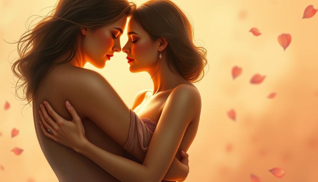 A tranquil scene of two intertwined figures in a warm, intimate embrace, their bodies melding together in a sensual dance of love. Soft lighting casts a golden glow, evoking a sense of tenderness and connection. The background is hazy, with subtle hints of rose petals drifting in the air, creating a dreamlike, romantic atmosphere. The figures' expressions are serene, their eyes locked, conveying a deep emotional bond. The composition is balanced, with the lovers occupying the central focus, surrounded by a sense of harmony and timelessness. Delicate brush strokes and a soft, impressionistic style bring this vision of pure, unadulterated amor to life. A tranquil scene of two intertwined figures in a warm, intimate embrace, their bodies melding together in a sensual dance of love. Soft lighting casts a golden glow, evoking a sense of tenderness and connection. The background is hazy, with subtle hints of rose petals drifting in the air, creating a dreamlike, romantic atmosphere. The figures' expressions are serene, their eyes locked, conveying a deep emotional bond. The composition is balanced, with the lovers occupying the central focus, surrounded by a sense of harmony and timelessness. Delicate brush strokes and a soft, impressionistic style bring this vision of pure, unadulterated amor to life.