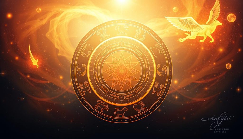 A vibrant and captivating illustration of the zodiac, showcasing the intricate symbolism and celestial elements that define this ancient system of astrology. The composition features a central circular motif, with the twelve zodiac signs elegantly arranged around the periphery, each represented by its distinctive mythological icon. The scene is bathed in a warm, golden light, evoking a sense of timelessness and cosmic mysticism. The background is a swirling, ethereal nebula, with glimmering stars and celestial orbs adding depth and a sense of cosmic wonder. The overall mood is one of tranquility, introspection, and a connection to the natural rhythms of the universe, befitting the "Viajes, desplazamientos y la jornada del jueves" theme.