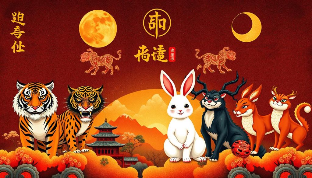 A vibrant and detailed illustration of the Chinese zodiac, showcasing the twelve animal signs against a rich, textured background. The foreground features the iconic animal avatars, each rendered with expressive, lifelike details - from the fierce tiger's intense gaze to the playful rabbit's perky pose. The middle ground depicts symbolic Chinese landscape elements, such as pagodas, cherry blossoms, and mountains, bathed in a warm, golden light. In the background, a dynamic celestial pattern of stars, moons, and astrological symbols creates a mystical, otherworldly atmosphere, evoking the ancient traditions and cosmic significance of the Chinese horoscope. The overall composition conveys a sense of harmony, tradition, and the timeless wisdom of this enduring cultural heritage. A vibrant and detailed illustration of the Chinese zodiac, showcasing the twelve animal signs against a rich, textured background. The foreground features the iconic animal avatars, each rendered with expressive, lifelike details - from the fierce tiger's intense gaze to the playful rabbit's perky pose. The middle ground depicts symbolic Chinese landscape elements, such as pagodas, cherry blossoms, and mountains, bathed in a warm, golden light. In the background, a dynamic celestial pattern of stars, moons, and astrological symbols creates a mystical, otherworldly atmosphere, evoking the ancient traditions and cosmic significance of the Chinese horoscope. The overall composition conveys a sense of harmony, tradition, and the timeless wisdom of this enduring cultural heritage.