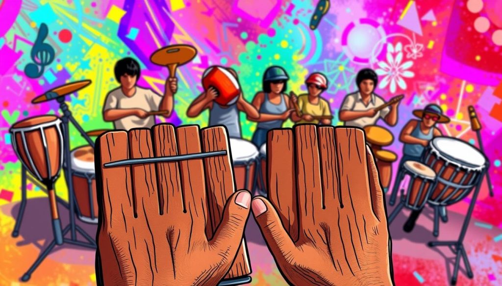 A vibrant and dynamic illustration of "claves rápidas", featuring an array of rhythmic percussion instruments against a colorful, abstract background. The foreground showcases a set of wooden claves, their surfaces weathered and textured, held in the hands of an unseen performer, their rapid strikes creating a lively, syncopated beat. The middle ground depicts a variety of percussive elements, such as tambourines, maracas, and hand drums, all in a state of energetic movement, reflecting the quick, pulsing tempo. In the background, a kaleidoscopic swirl of colors and shapes suggests a sense of musical energy and dynamism, creating an immersive and visually captivating experience.