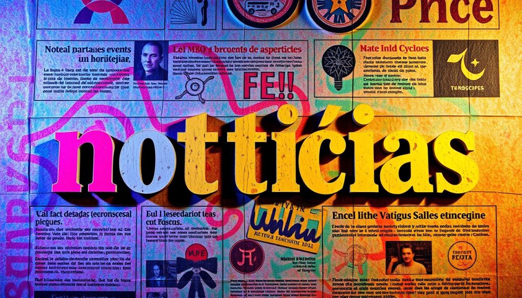 A vibrant and dynamic news headline spread, showcasing the daily events, notable figures, and horoscopes on a vivid and textured backdrop. The text "noticias" stands out prominently, with a bold and eye-catching typographic treatment that commands attention. The composition features a layered design, with the main text elements occupying the foreground, while subtle graphic elements and patterns create a sense of depth and movement in the middle and background. The lighting is dramatic, casting deep shadows and highlights that add depth and dimension to the image. The overall mood is one of energy and urgency, reflecting the fast-paced nature of news and current events. A vibrant and dynamic news headline spread, showcasing the daily events, notable figures, and horoscopes on a vivid and textured backdrop. The text "noticias" stands out prominently, with a bold and eye-catching typographic treatment that commands attention. The composition features a layered design, with the main text elements occupying the foreground, while subtle graphic elements and patterns create a sense of depth and movement in the middle and background. The lighting is dramatic, casting deep shadows and highlights that add depth and dimension to the image. The overall mood is one of energy and urgency, reflecting the fast-paced nature of news and current events.