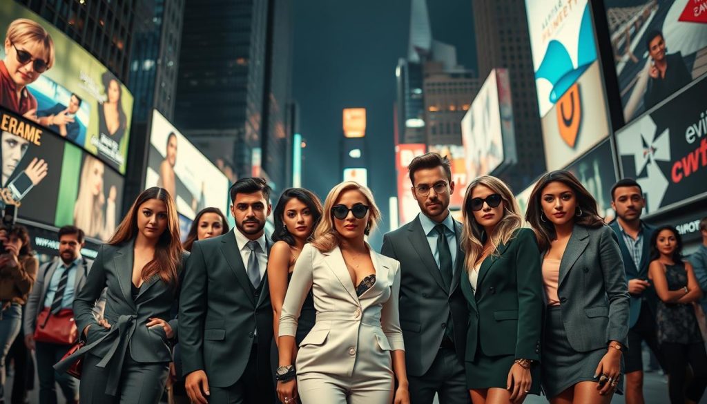 A vibrant and dynamic scene depicting the modern public image of today's celebrities. In the foreground, a group of well-dressed individuals posing confidently, capturing the essence of current fame and social influence. The middle ground features a bustling urban backdrop, with skyscrapers, billboards, and a sense of energy and movement. Soft, directional lighting casts dramatic shadows, creating a cinematic atmosphere. The overall composition conveys a sense of glamour, sophistication, and the constant public scrutiny faced by public figures in the 21st century.