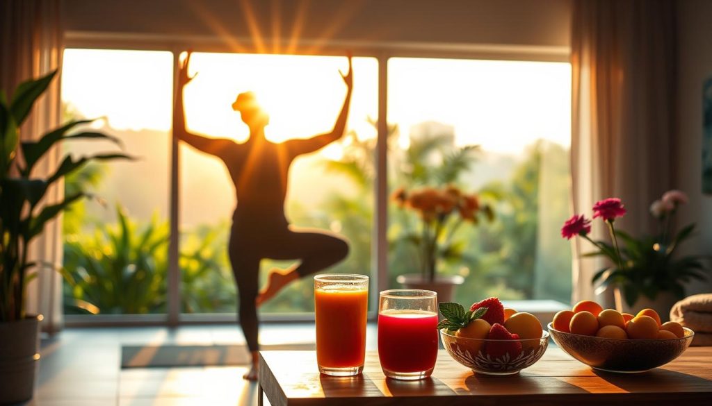 A vibrant and energetic scene showcasing the concept of "salud" (health and wellbeing). In the foreground, a person doing yoga or stretching exercises against a backdrop of lush greenery and a warm, golden-hour sun. The middle ground features a table with a glass of fresh juice or smoothie, a bowl of colorful fruits, and a small vase of flowers. The background has a cozy, minimalist interior with large windows letting in natural light. The overall atmosphere is one of balance, tranquility, and a holistic approach to personal wellness. Soft shadows and diffused lighting create a calming, spa-like ambiance. The composition draws the viewer's eye towards the central figure, emphasizing the importance of health and self-care. A vibrant and energetic scene showcasing the concept of "salud" (health and wellbeing). In the foreground, a person doing yoga or stretching exercises against a backdrop of lush greenery and a warm, golden-hour sun. The middle ground features a table with a glass of fresh juice or smoothie, a bowl of colorful fruits, and a small vase of flowers. The background has a cozy, minimalist interior with large windows letting in natural light. The overall atmosphere is one of balance, tranquility, and a holistic approach to personal wellness. Soft shadows and diffused lighting create a calming, spa-like ambiance. The composition draws the viewer's eye towards the central figure, emphasizing the importance of health and self-care.