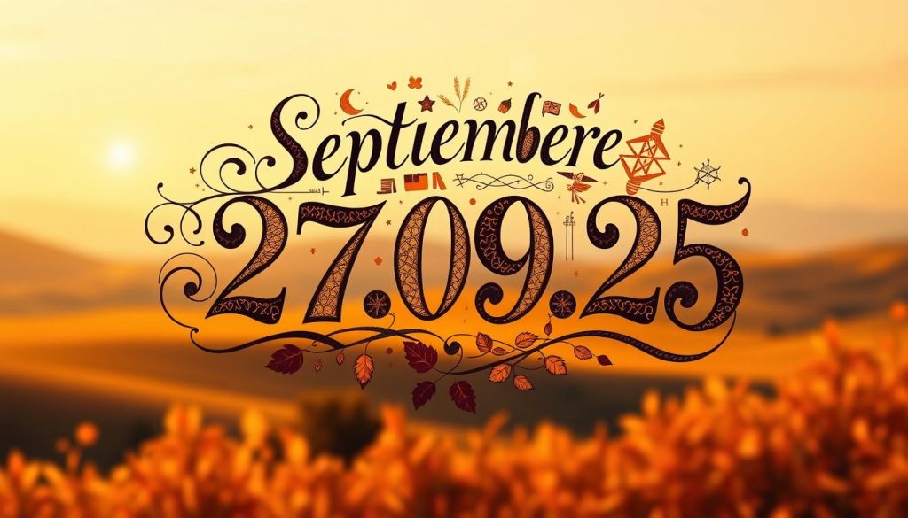 A vibrant, artistic rendering of "septiembre año" capturing the essence of the date. A warm, autumnal color palette with hues of ochre, amber, and sienna. In the foreground, an ornate, hand-lettered calligraphic representation of the date, "27.09.25", showcasing intricate flourishes and elegant lines. The middle ground features a montage of symbolic icons and imagery associated with the month of September - falling leaves, harvest symbols, and celestial motifs. The background depicts a softly blurred, dreamlike landscape with rolling hills, a distant horizon, and a subtle, golden-hour lighting effect, evoking a sense of nostalgia and timelessness. The overall composition is balanced, visually striking, and evocative of the "efemérides de hoy, famosos relevantes, horóscopos" theme. A vibrant, artistic rendering of "septiembre año" capturing the essence of the date. A warm, autumnal color palette with hues of ochre, amber, and sienna. In the foreground, an ornate, hand-lettered calligraphic representation of the date, "27.09.25", showcasing intricate flourishes and elegant lines. The middle ground features a montage of symbolic icons and imagery associated with the month of September - falling leaves, harvest symbols, and celestial motifs. The background depicts a softly blurred, dreamlike landscape with rolling hills, a distant horizon, and a subtle, golden-hour lighting effect, evoking a sense of nostalgia and timelessness. The overall composition is balanced, visually striking, and evocative of the "efemérides de hoy, famosos relevantes, horóscopos" theme.