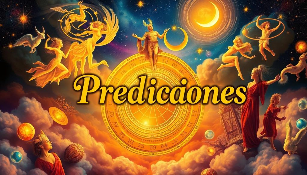 A vibrant, astrological composition depicting the "Predicciones" section title. In the foreground, a zodiac wheel surrounded by intricate celestial symbols and glowing planetary orbs, casting a mystical glow. The middle ground features a diverse cast of zodiac signs portrayed as stylized, allegorical figures, each with their own distinct visual characteristics. The background is a dreamlike, ethereal landscape with swirling cosmic clouds, shimmering stars, and a crescent moon illuminating the scene. Warm, saturated colors and a sense of wonder and divination pervade the image, inviting the viewer to explore the astrological insights within. A vibrant, astrological composition depicting the "Predicciones" section title. In the foreground, a zodiac wheel surrounded by intricate celestial symbols and glowing planetary orbs, casting a mystical glow. The middle ground features a diverse cast of zodiac signs portrayed as stylized, allegorical figures, each with their own distinct visual characteristics. The background is a dreamlike, ethereal landscape with swirling cosmic clouds, shimmering stars, and a crescent moon illuminating the scene. Warm, saturated colors and a sense of wonder and divination pervade the image, inviting the viewer to explore the astrological insights within.