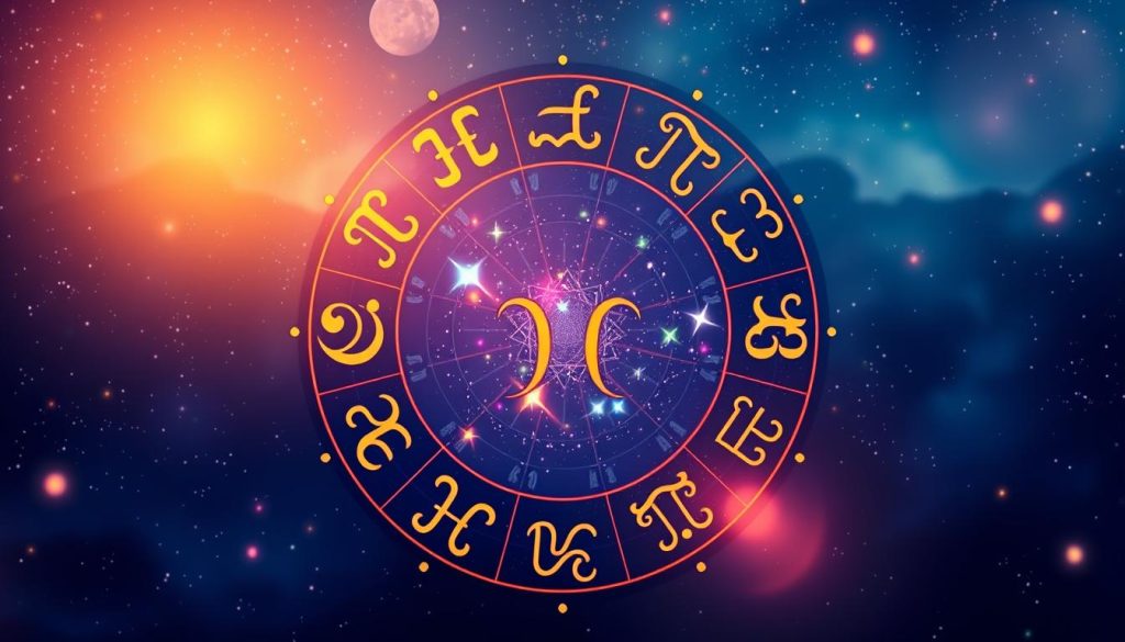 A vibrant astrological illustration featuring the zodiac symbols arranged in a dynamic circular composition. The foreground showcases the 12 zodiac signs, each depicted with its distinctive iconography and color palette. The middle ground features an ethereal, starry night sky backdrop, creating a sense of cosmic wonder. Warm, soft lighting illuminates the scene, casting a gentle glow over the zodiac elements. The overall mood is one of mysticism, guidance, and the promise of daily horoscope insights. The image should convey a sense of anticipation and curiosity about the daily astrological forecast.