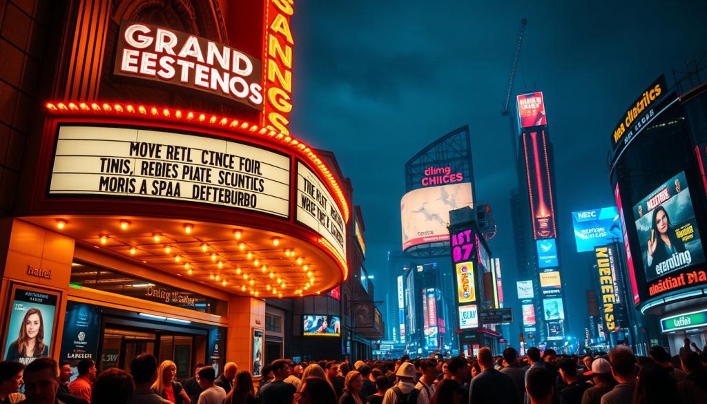 A vibrant, cinematic scene depicting the "Grandes estrenos de septiembre 2025: cine y series que llegan a tu pantalla". In the foreground, a large movie theater marquee lights up the night sky, showcasing the titles of the most anticipated film and TV releases. The middle ground features crowds of moviegoers excitedly entering the theater, capturing the electric atmosphere of a highly anticipated movie premiere. In the background, the cityscape is alive with neon signs, billboards, and the bustling energy of a metropolitan area. The lighting is a blend of warm, golden tones from the theater marquee and cooler, blue hues from the city lights, creating a visually striking and immersive cinematic experience. The overall mood is one of anticipation, excitement, and the thrill of discovering the newest cinematic and television offerings.