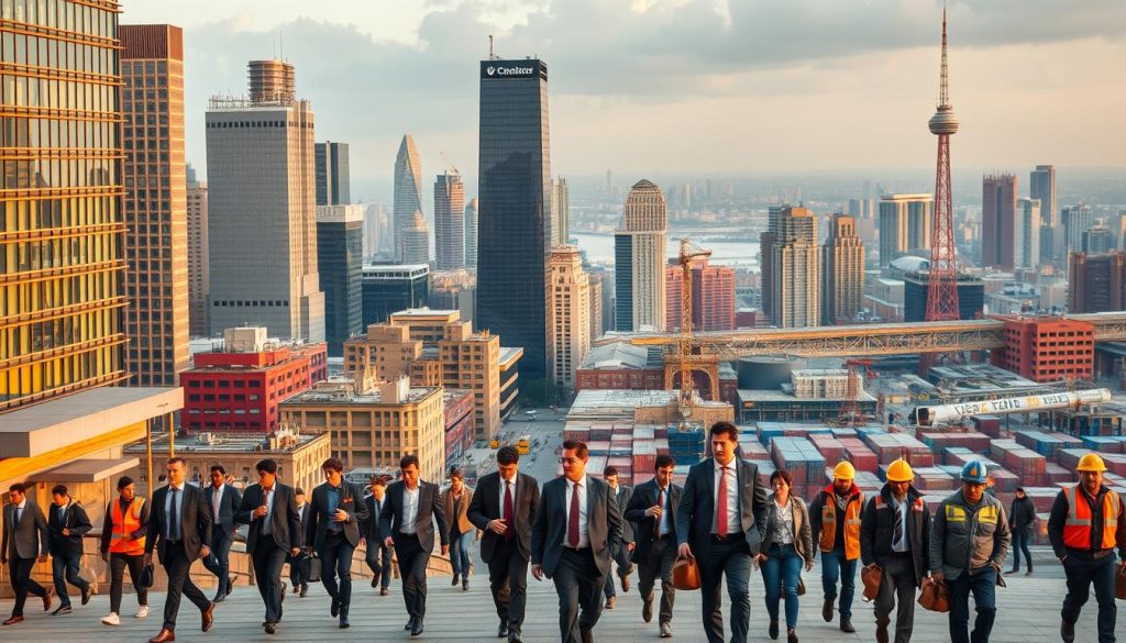 A vibrant cityscape bustling with activity, capturing the essence of work and economic life. In the foreground, a diverse group of professionals - from business leaders to tradespeople - stride purposefully through the urban landscape, dressed in tailored suits and sturdy workwear. The middle ground features a mix of modern high-rises and historic buildings, their facades illuminated by warm, golden lighting that casts a soft, productive glow. In the background, a sweeping vista of skyscrapers and transportation hubs hints at the scale and complexity of the economic ecosystem. The overall atmosphere conveys a sense of industry, opportunity, and the relentless energy of a thriving, prosperous society. A vibrant cityscape bustling with activity, capturing the essence of work and economic life. In the foreground, a diverse group of professionals - from business leaders to tradespeople - stride purposefully through the urban landscape, dressed in tailored suits and sturdy workwear. The middle ground features a mix of modern high-rises and historic buildings, their facades illuminated by warm, golden lighting that casts a soft, productive glow. In the background, a sweeping vista of skyscrapers and transportation hubs hints at the scale and complexity of the economic ecosystem. The overall atmosphere conveys a sense of industry, opportunity, and the relentless energy of a thriving, prosperous society.