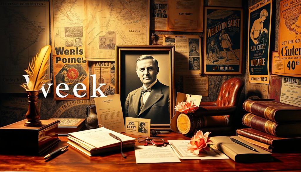 A vibrant collage capturing the essence of a historic week in September. In the foreground, a vintage desk with inkwell, quill, and worn leather-bound books evoke the atmosphere of the past. Centered, a sepia-toned photograph of an iconic historical figure commands attention. Surrounding it, a mix of memorabilia - a telegram, a ticket stub, a pressed flower - speak to the momentous events of the time. The background features a richly textured wall adorned with antique maps and weathered posters, creating a sense of depth and timelessness. Warm, golden lighting casts a nostalgic glow, while subtle shadows add depth and dimension. The overall composition conveys a sense of reverence and contemplation for the pivotal moments in history that unfolded during this significant week.