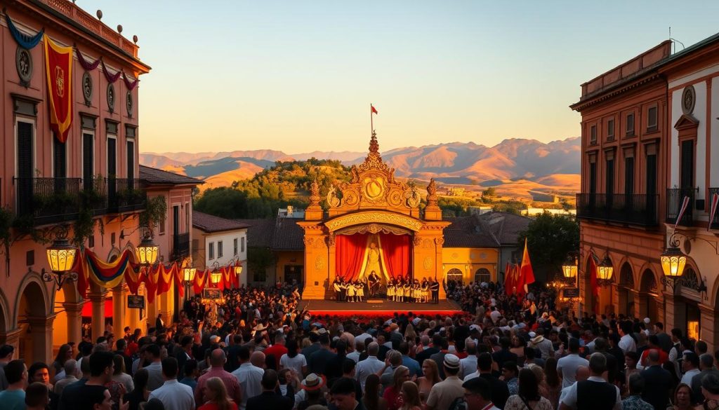 A vibrant commemorative celebration of September 9th, showcasing a central plaza in a historic Spanish town. Ornate, colorful banners and flags adorn the surrounding buildings, casting a warm, celebratory glow. In the foreground, a lively crowd gathers, engaged in traditional music, dance, and festive activities. The middle ground features a large, ornately decorated stage, where performers captivate the audience. The background is framed by a picturesque landscape, with rolling hills and a clear blue sky, creating a sense of timeless tradition and community. Warm, golden lighting illuminates the entire scene, conveying the joy and reverence of this cherished annual commemoration. A vibrant commemorative celebration of September 9th, showcasing a central plaza in a historic Spanish town. Ornate, colorful banners and flags adorn the surrounding buildings, casting a warm, celebratory glow. In the foreground, a lively crowd gathers, engaged in traditional music, dance, and festive activities. The middle ground features a large, ornately decorated stage, where performers captivate the audience. The background is framed by a picturesque landscape, with rolling hills and a clear blue sky, creating a sense of timeless tradition and community. Warm, golden lighting illuminates the entire scene, conveying the joy and reverence of this cherished annual commemoration.
