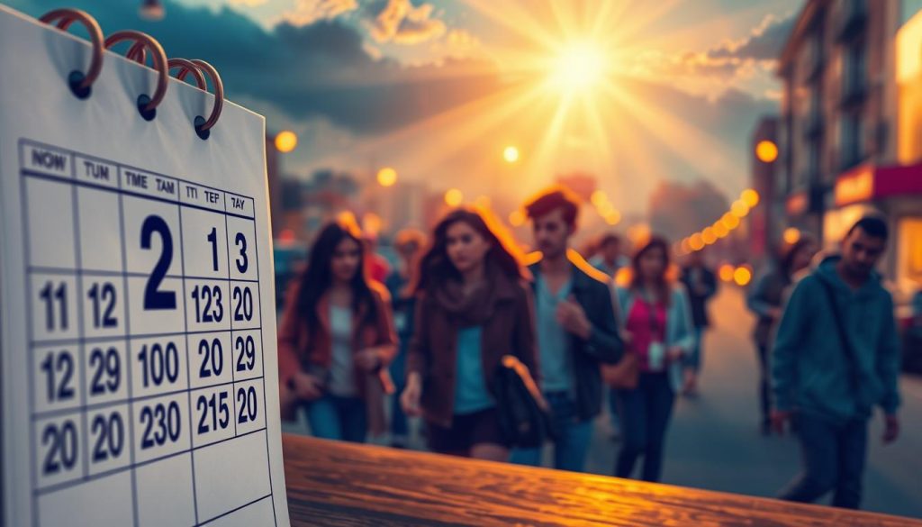 A vibrant, detailed scene depicting the passage of two weeks after a significant event. In the foreground, a calendar page flips rapidly, conveying the swift progression of time. The middle ground features a group of people going about their daily lives, some looking pensive, others optimistic, representing the varied emotional responses in the aftermath. The background is a softly blurred urban landscape, streetlights casting a warm, golden glow that suggests a sense of hope and resilience. Gentle sunbeams filter through clouds, illuminating the scene with a sense of renewal. The overall mood is one of contemplation, anticipation, and the gradual return to normalcy following a transformative occurrence. A vibrant, detailed scene depicting the passage of two weeks after a significant event. In the foreground, a calendar page flips rapidly, conveying the swift progression of time. The middle ground features a group of people going about their daily lives, some looking pensive, others optimistic, representing the varied emotional responses in the aftermath. The background is a softly blurred urban landscape, streetlights casting a warm, golden glow that suggests a sense of hope and resilience. Gentle sunbeams filter through clouds, illuminating the scene with a sense of renewal. The overall mood is one of contemplation, anticipation, and the gradual return to normalcy following a transformative occurrence.