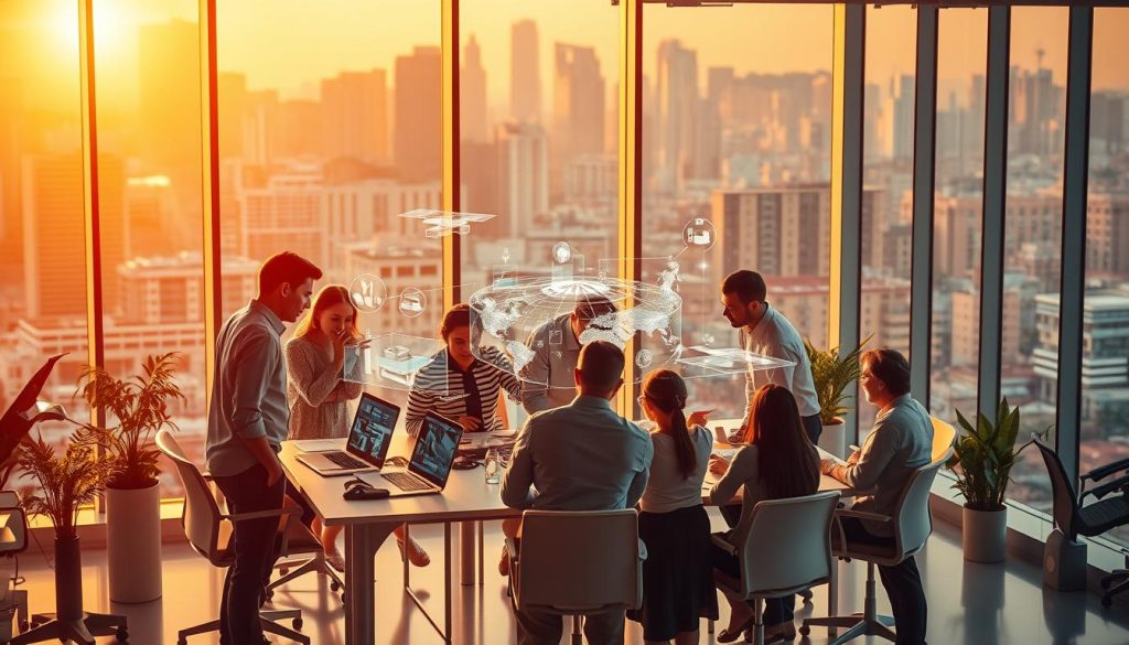 A vibrant, dynamic scene depicting "trabajo y proyectos" unfolds against a backdrop of warm, golden light. In the foreground, a team of professionals collaborates intently, engaged in lively discussions and brainstorming sessions around a sleek, modern workspace. Holographic displays and 3D models hover above the table, visualizing complex projects and plans. The middle ground showcases a blend of cutting-edge technology and classic office elements, conveying a sense of progress and innovation. In the background, the city skyline is visible through large windows, hinting at the broader context and opportunities that inspire this team's work. The overall mood is one of focused productivity, collaborative energy, and a drive to push the boundaries of what's possible.